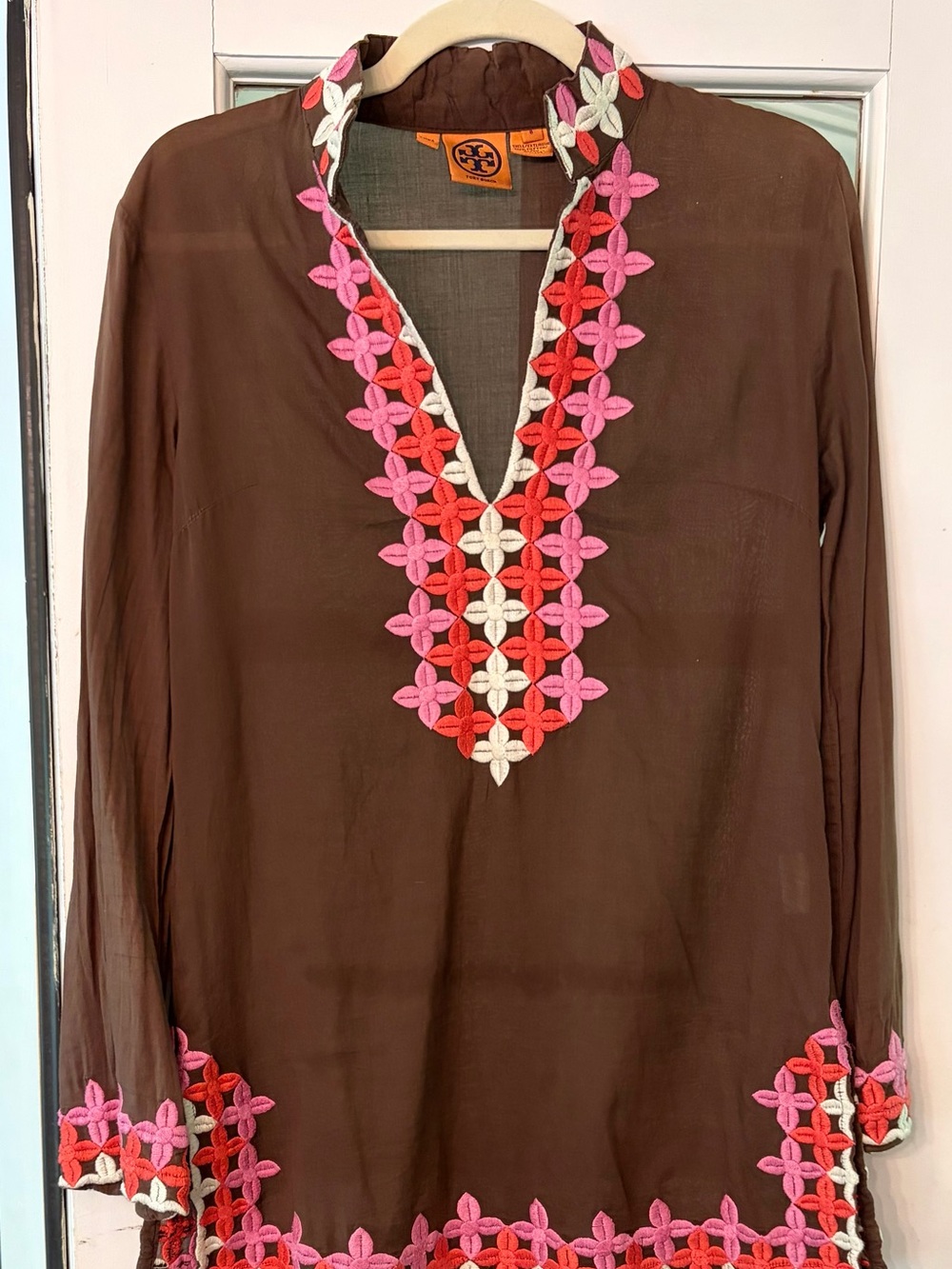 Tory Burch Brown Tunic with Pink, Red & Cream Floral Embroidery
